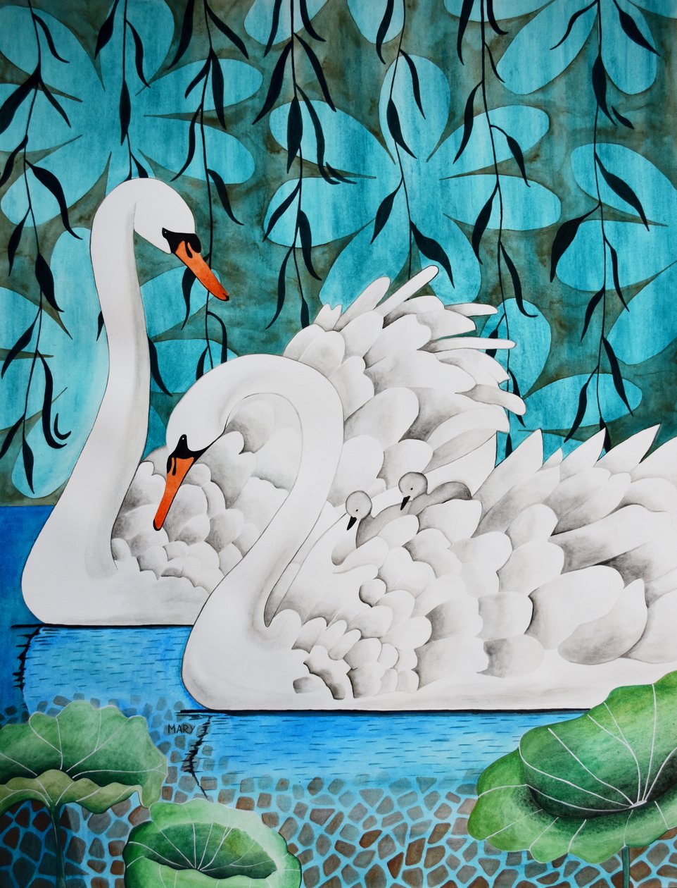 Swan Family by Marys Watercolors