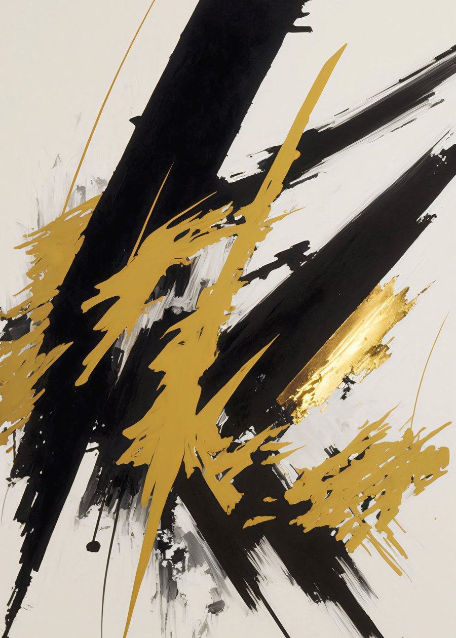Abstract Gold & Black Painting, Contemporary Brush Strokes by F. Abderrahim
