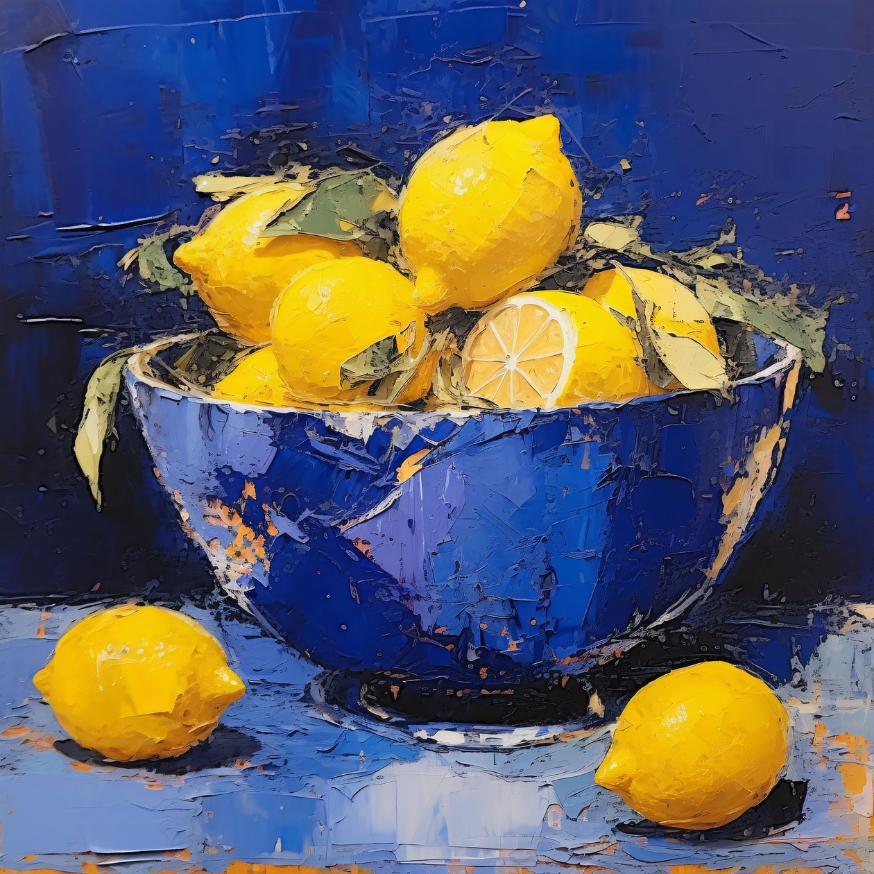 A blue ceramic vase with lemon in the kitchen by F. Abderrahim