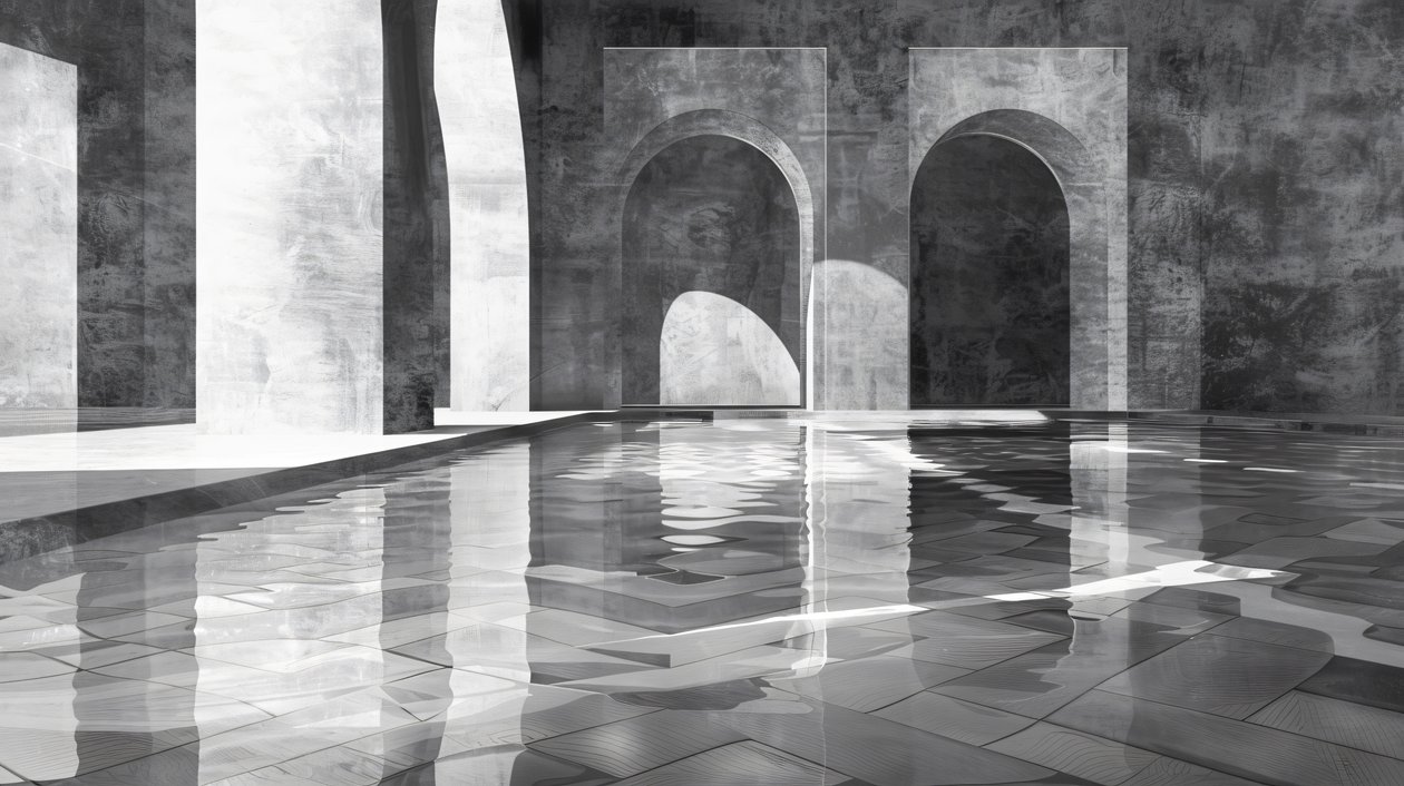 Arches & gates in a marble palace, architecture, Black & white by F. Abderrahim