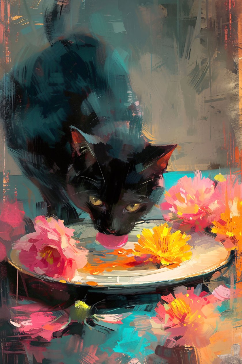 Black Cat Dining on a Plate of Flowers by F. Abderrahim