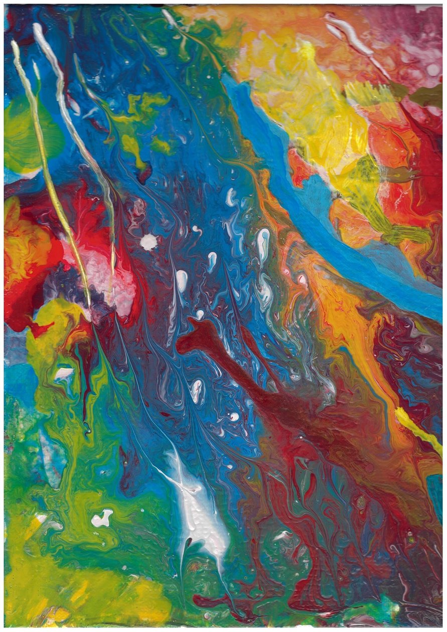 Abstract Acrylic Pour in Red, Blue, Yellow by Albert Mansour