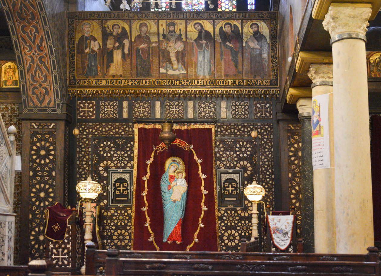 Interior of The Hanging Church in Old Cairo, historic Coptic Orthodox church with icons and wooden iconostasis by Albert Mansour