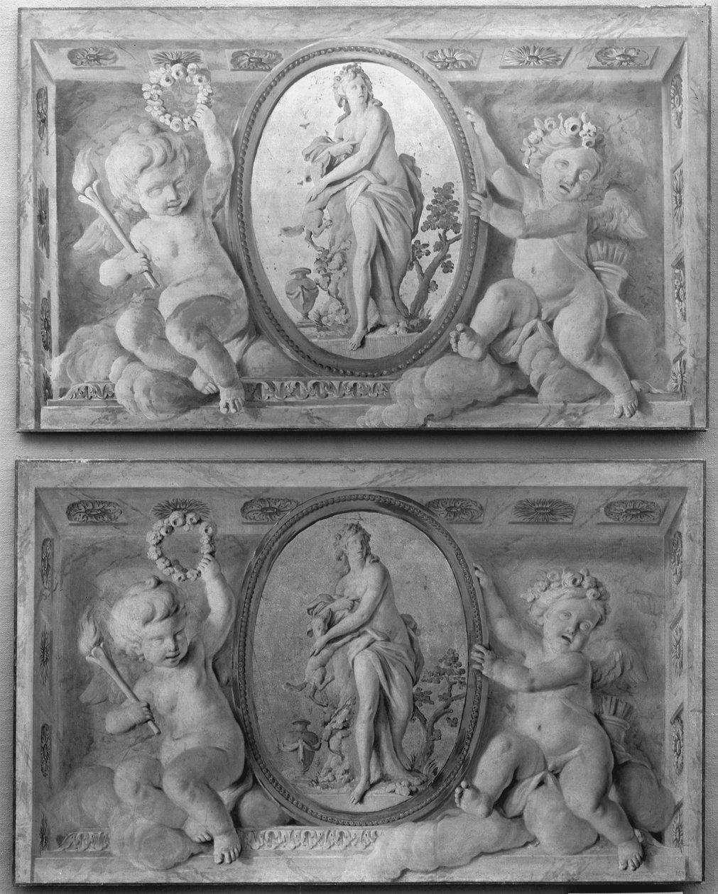 Pair of Overdoors with Diana or a Nymph in an Oval Medallion Supported by Amorini by 18th century . French Painter