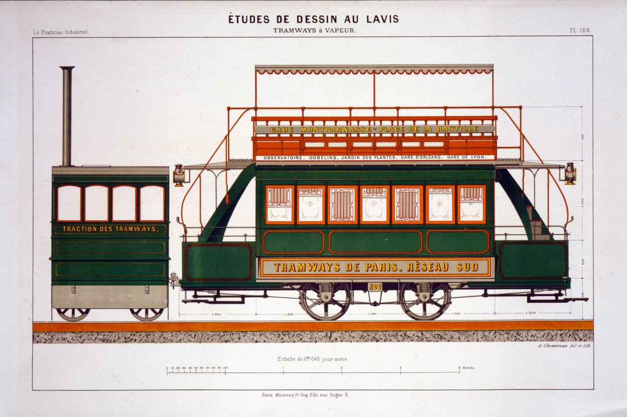 Design for a Steam Tram, plate 126 from The Industrial Practitioner, engraved by the artist by A. Cheneveau