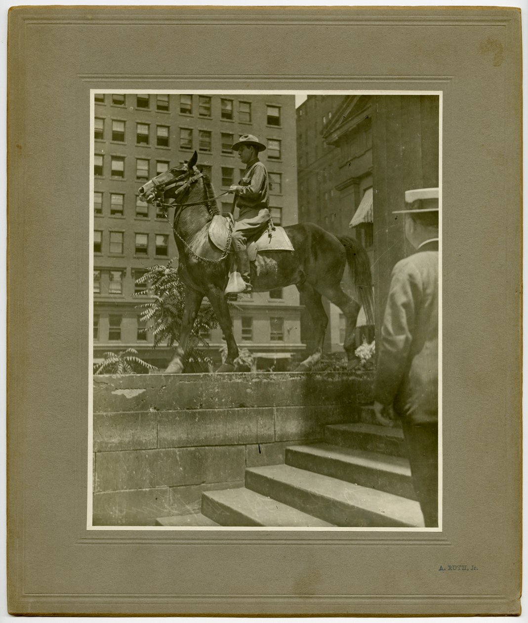 Man in World War I Uniform on Horse on the Old Courthouse Steps by A. Ruth