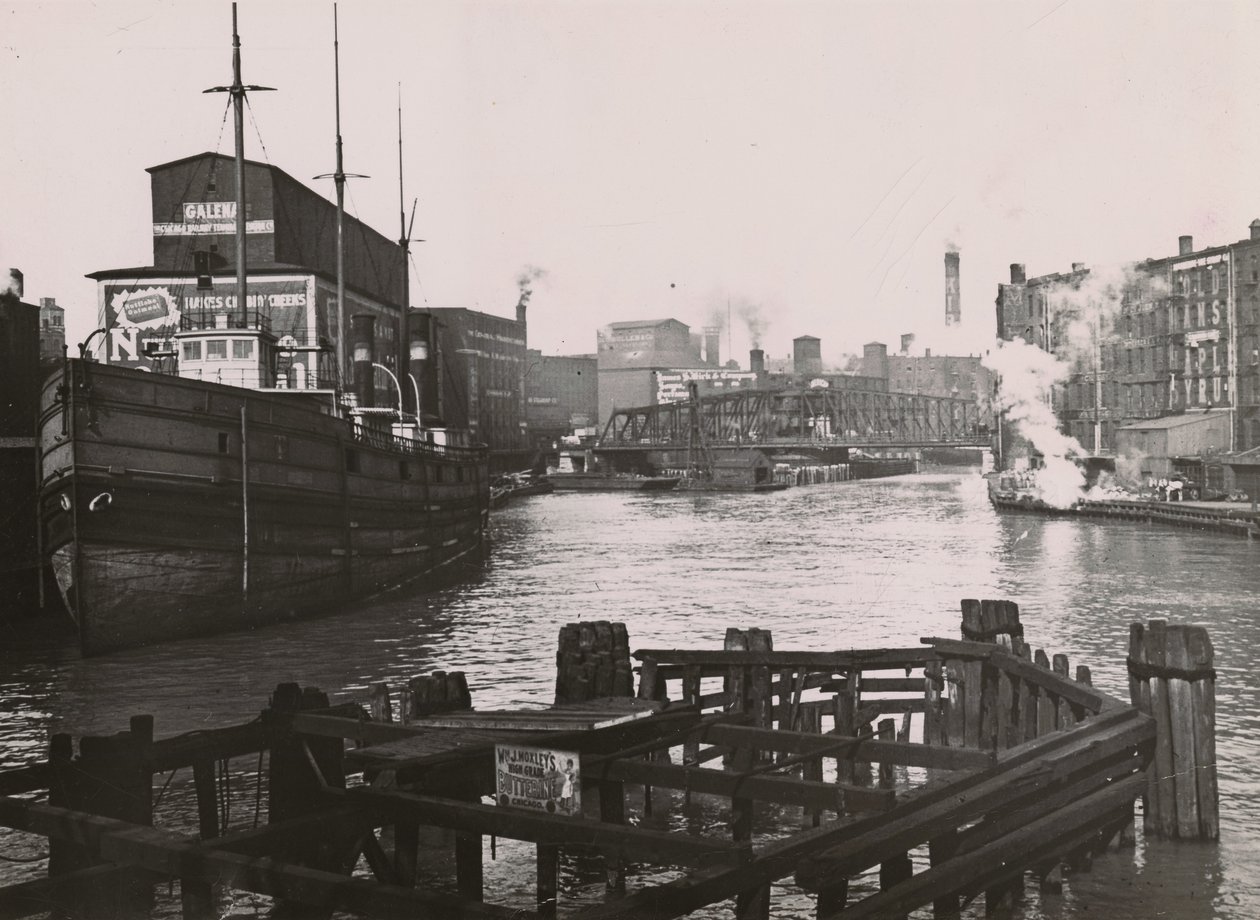 View of Rush St. Bridge and Kirks Soap Factory, 1894 by A.C. Christensen