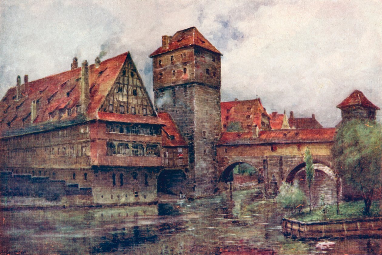 The Henkersteg, with the Wasserturm, Nuremberg, Germany, c. 1905 by AG Bell