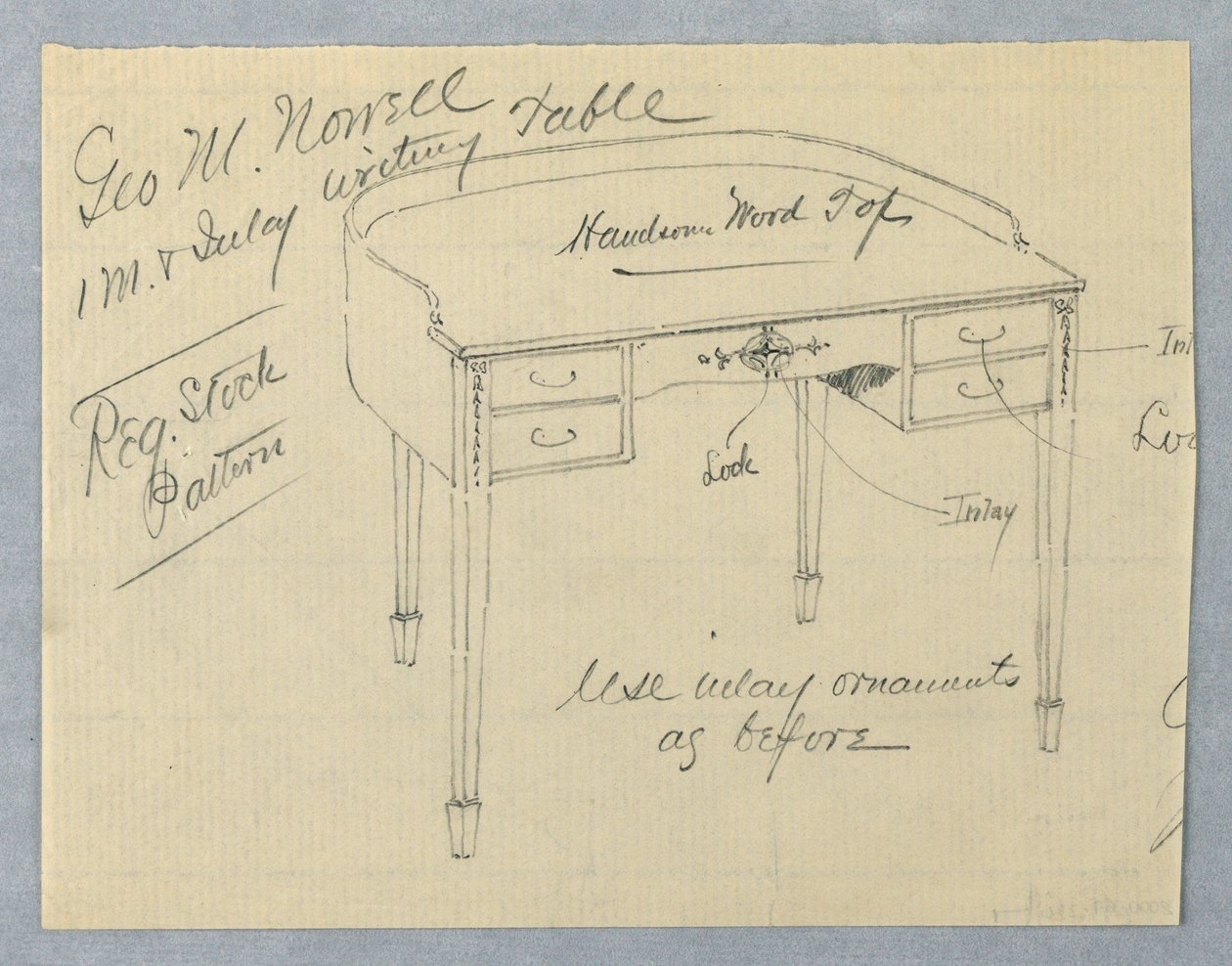 Design for Mahogany Inlay Writing Table for George M. Nowell by A.N. Davenport Co.