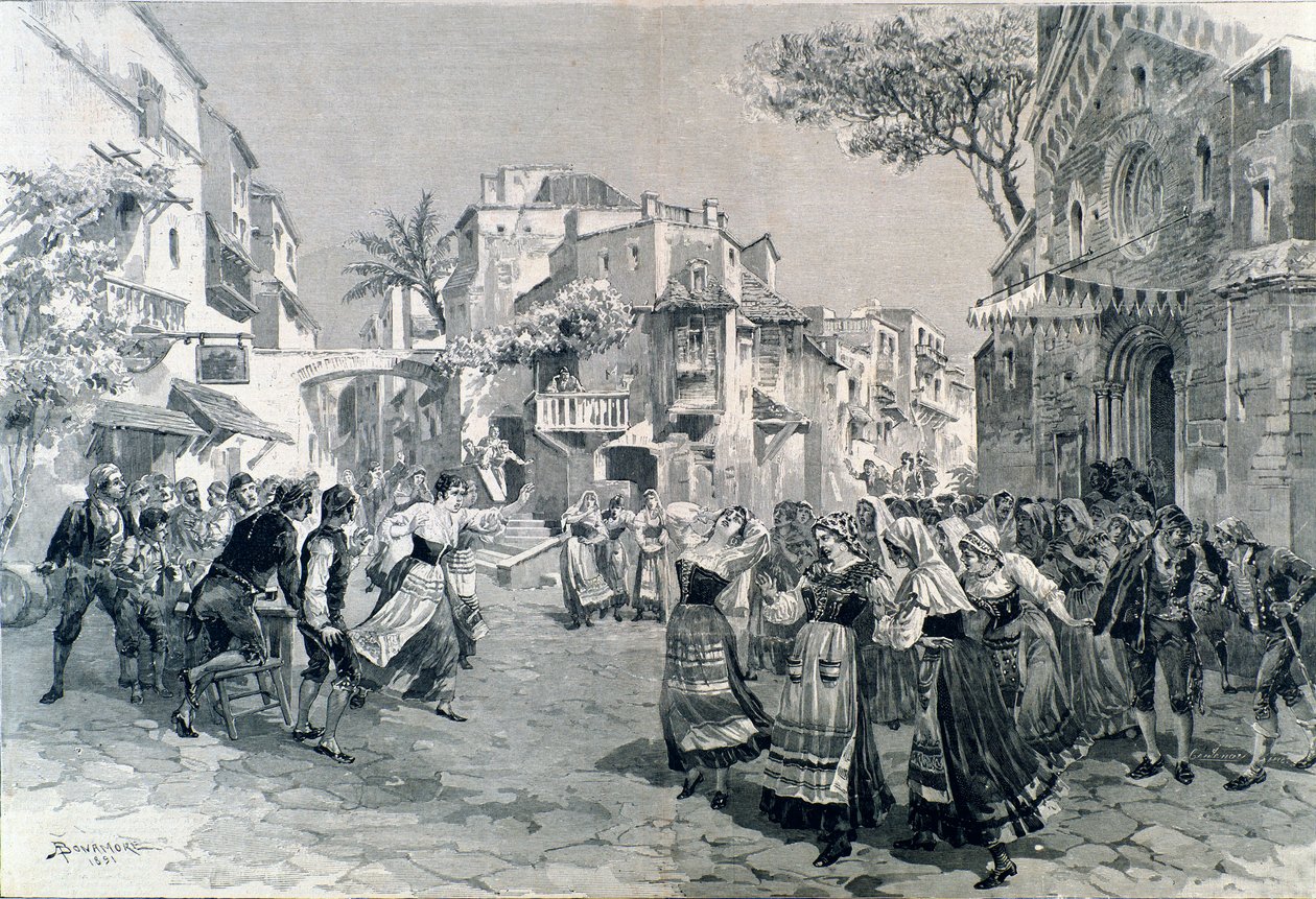 The final scene of Cavalleria rusticana, opera by Mascagni, at the Teatro alla Scala in 1891 by A. (after) Bonamore