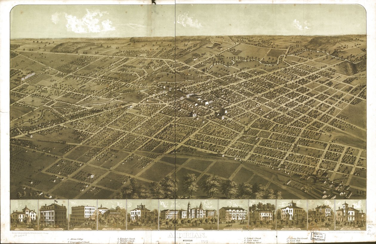 Adrian, Michigan 1866 by A.; Chicago Lithographing Co. Ruger