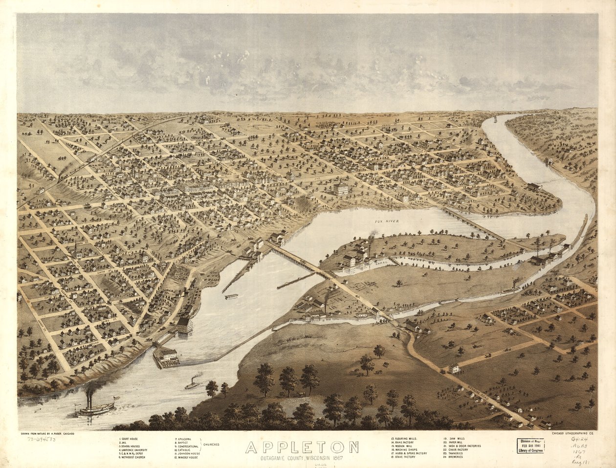 Appleton, Outagamie County, Wisconsin 1867 by A.; Chicago Lithographing Co. Ruger