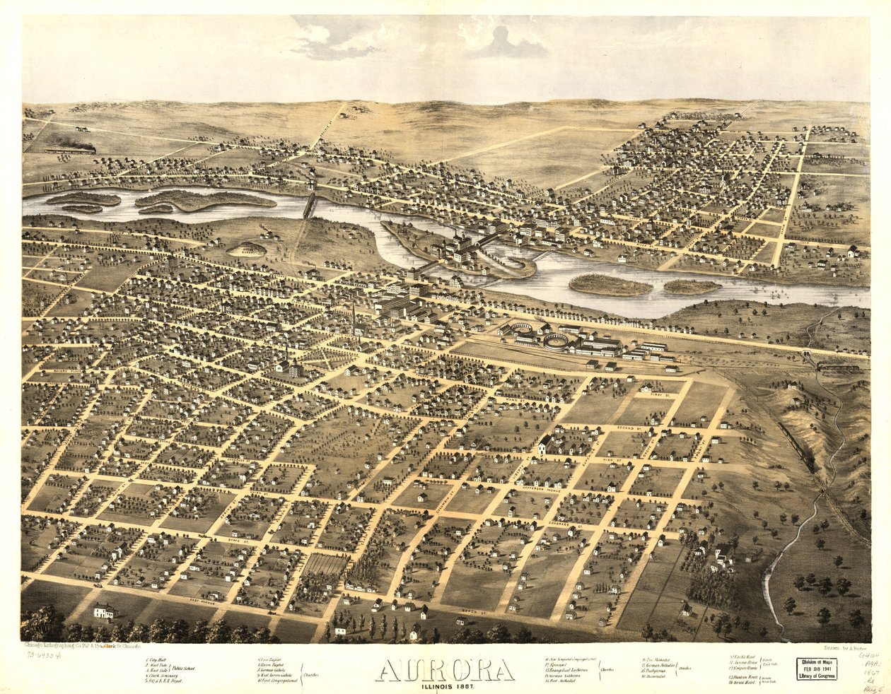 Aurora, Illinois 1867 by A.; Chicago Lithographing Co. Ruger