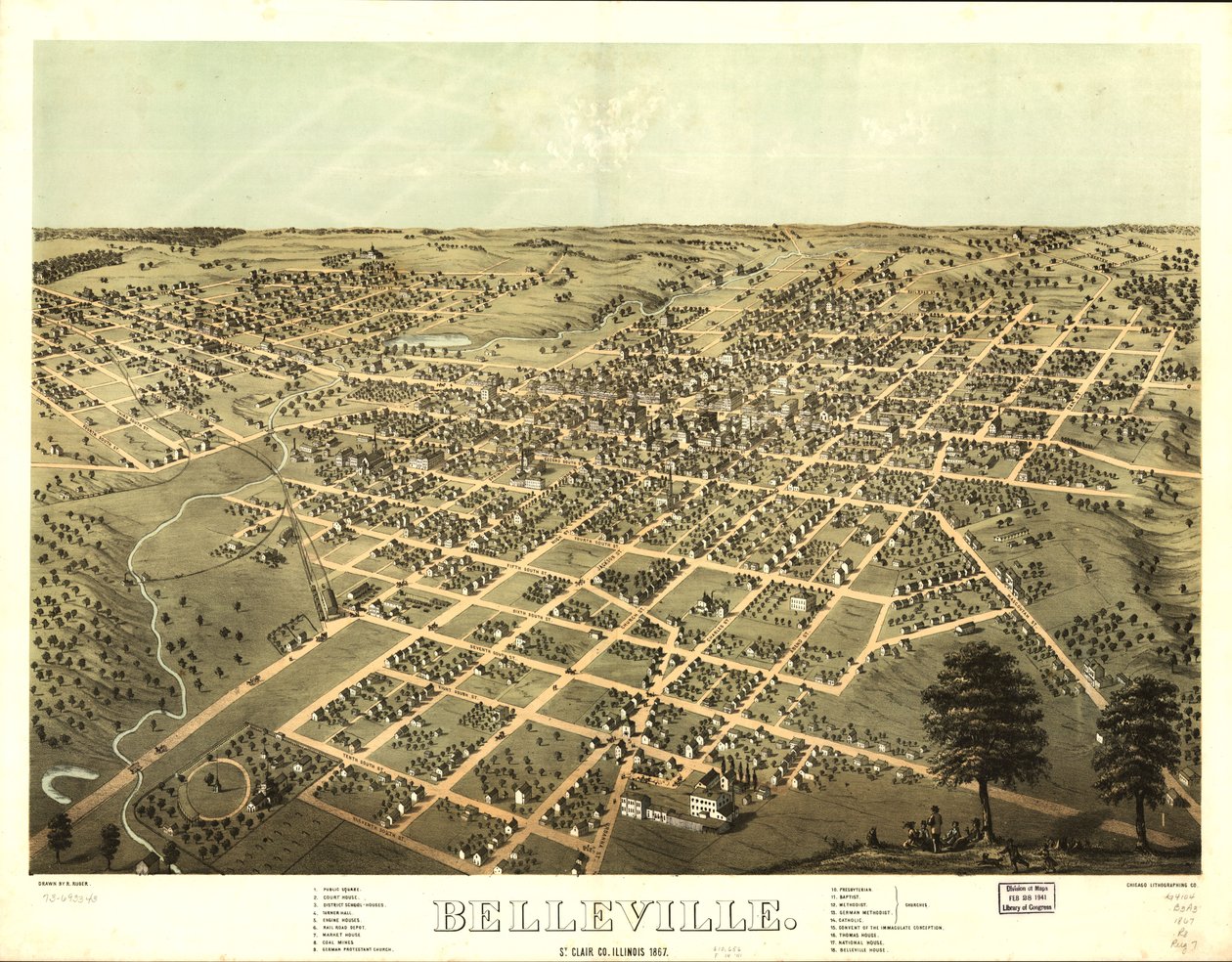Belleville, St. Clair Co., Illinois 1867 by A.; Chicago Lithographing Co. Ruger