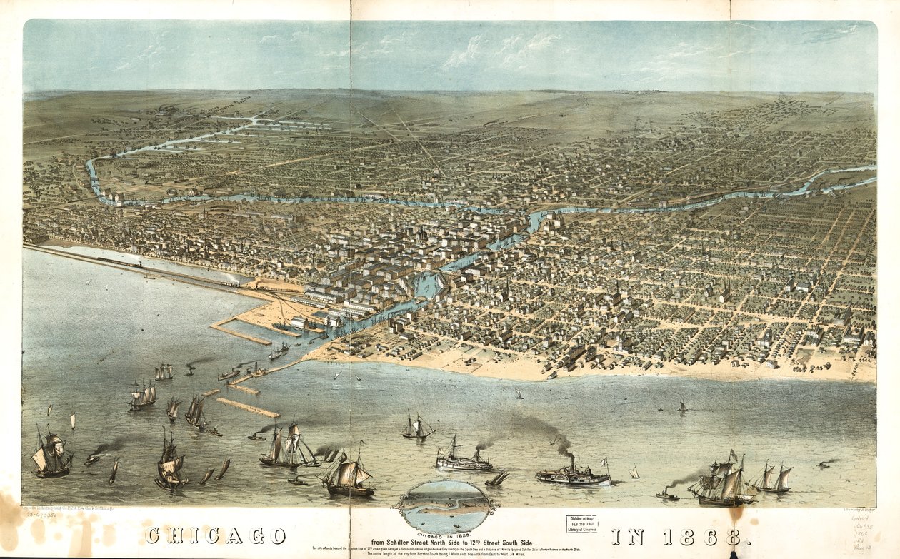 Chicago in 1868 from Schiller Street North Side to 12th Street South Side by A.; Chicago Lithographing Co. Ruger