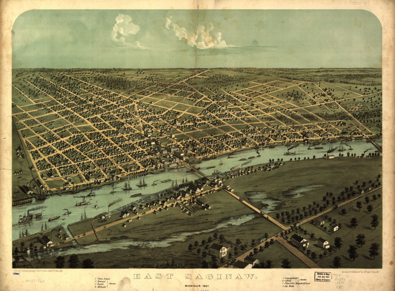 East Saginaw, Michigan, 1867 by A.; Chicago Lithographing Co. Ruger