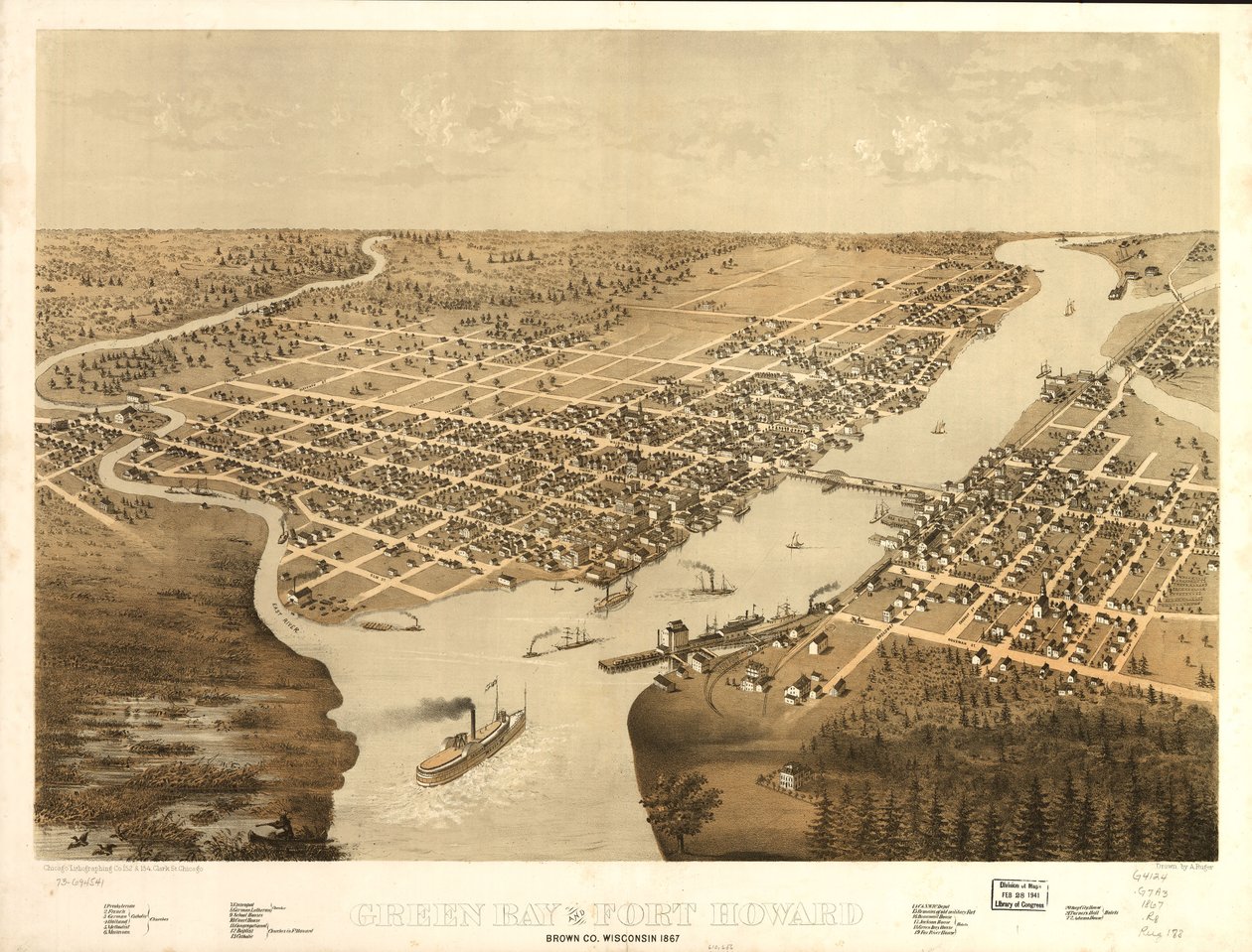 Green Bay and Fort Howard, Brown Co., Wisconsin 1867 by A.; Chicago Lithographing Co. Ruger