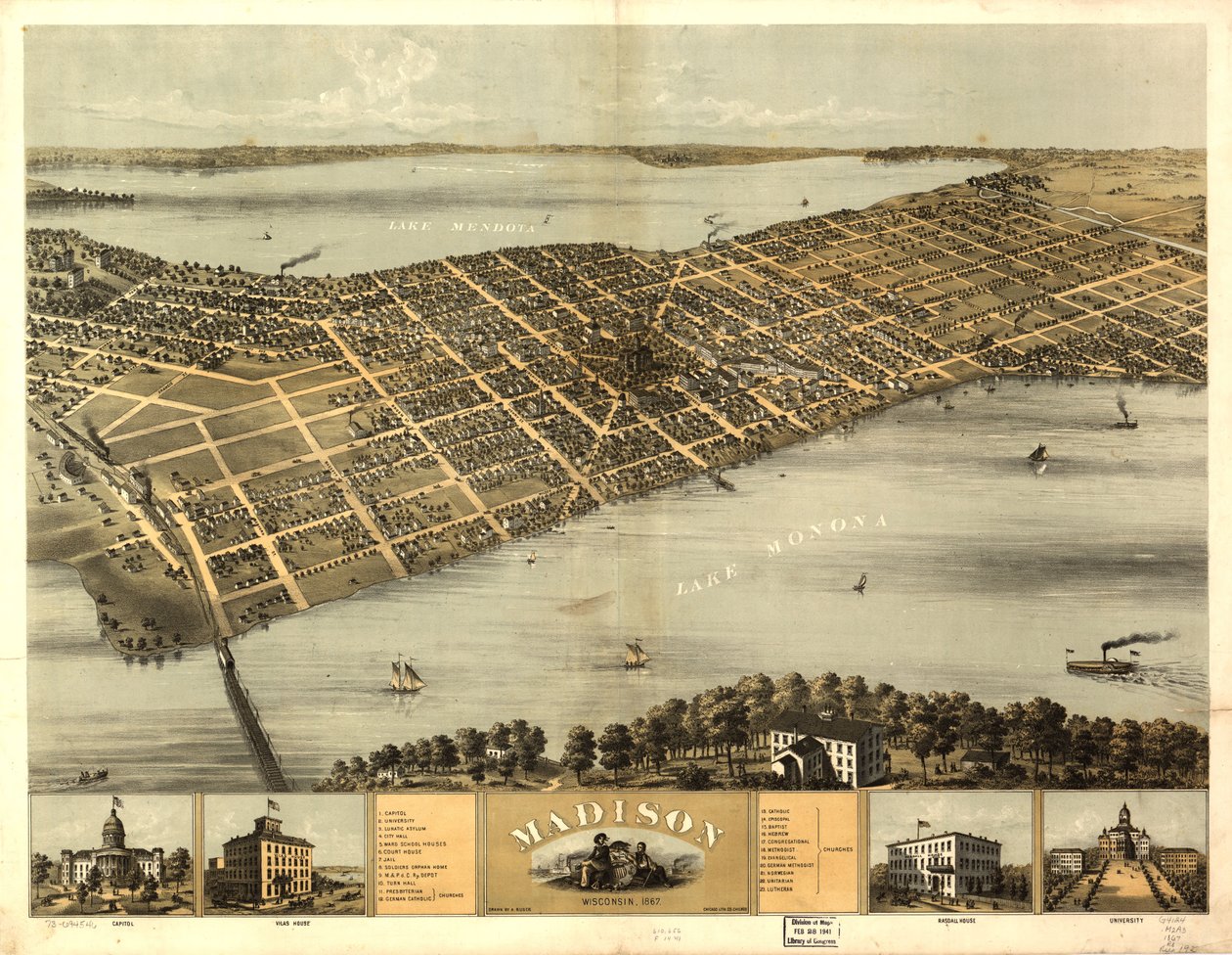 Madison, Wisconsin 1867 by A.; Chicago Lithographing Co. Ruger