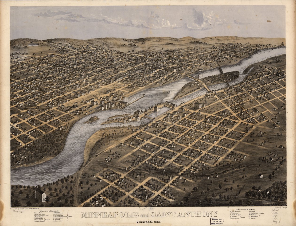 Minneapolis and Saint Anthony, Minnesota 1867 by A.; Chicago Lithographing Co. Ruger