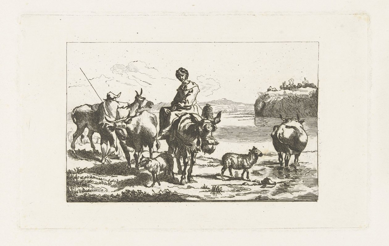 Landscape with Shepherdess on Mule and Shepherd with Cows by A. Dickhof (signed by artist)