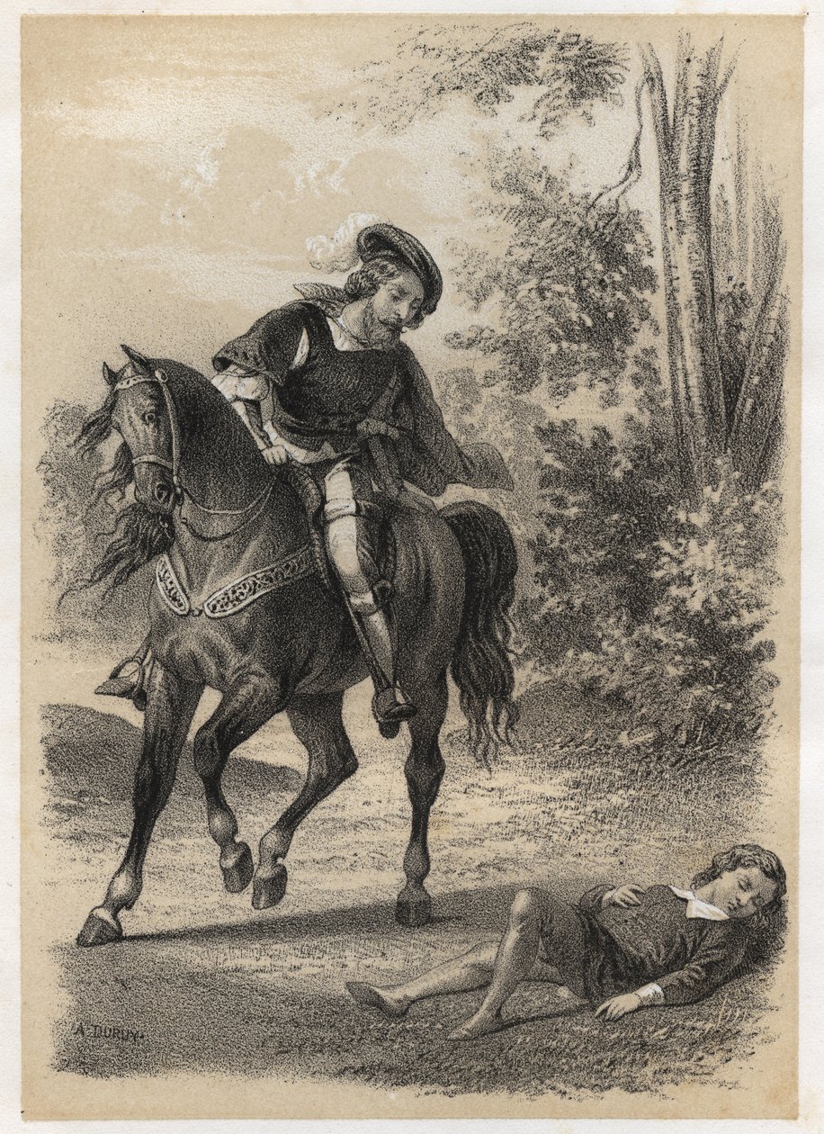 Jacques Amyot (1513-1593), rescued, at the age of 10 by a traveller. Engraving by A. Duruy in Illustrations litteraires de la France; or, Galerie anecdotique de nos principaux auteurs ints par leurs actions et leurs inscriptions by J.B. Maigrot. 1865 by A. Duruy
