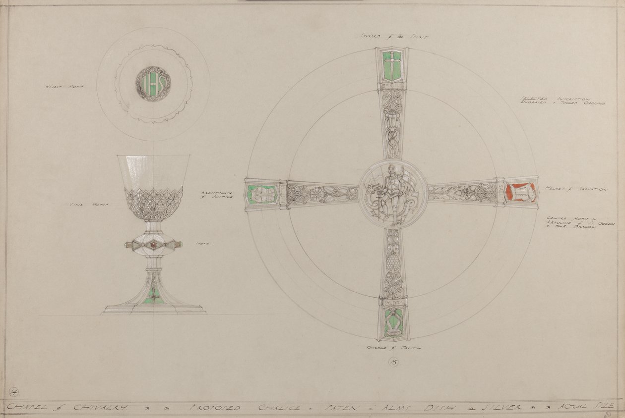 Chapel of Chivalry: proposed chalice, paten and alms dish by A. Edward Jones and Co.