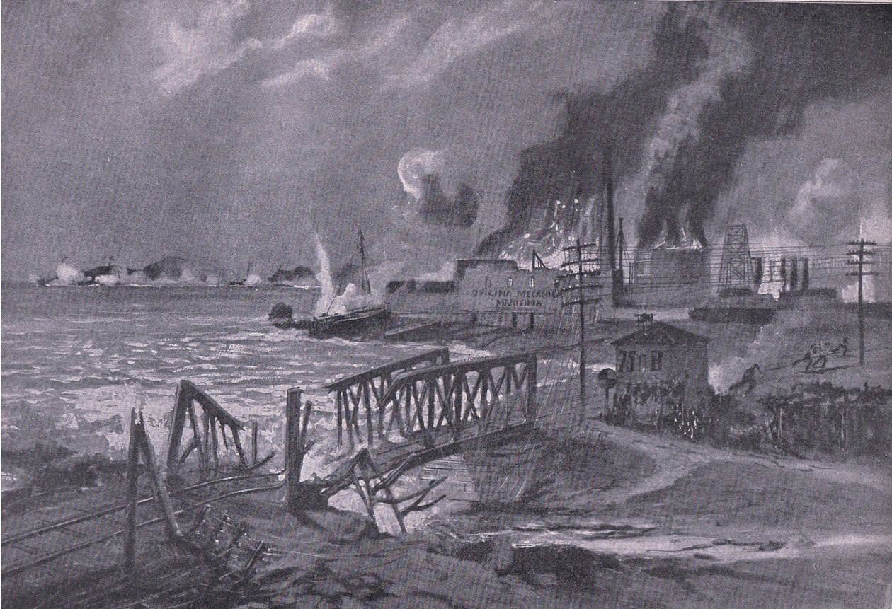 Destruction of a shipyard in Bari, Italy by Austro-Hungarian torpedo destroyers, from The Illustrated History of the World War 1914-1915 by A. Kircher