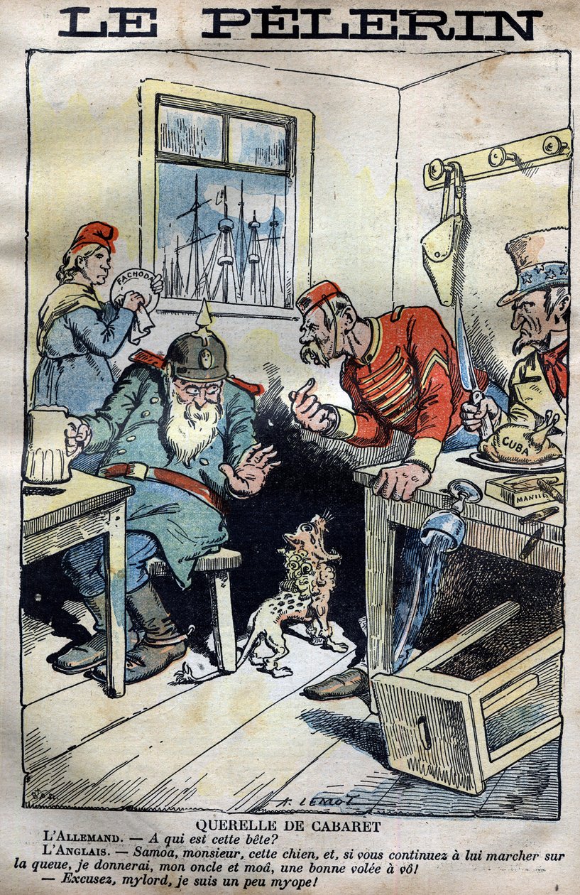 Cabaret Querelle: Cartoon About the Colonial Wars Between England, Germany, France, and the United States Around the Situation in Fachoda in Africa - Engraving by Lemot in 