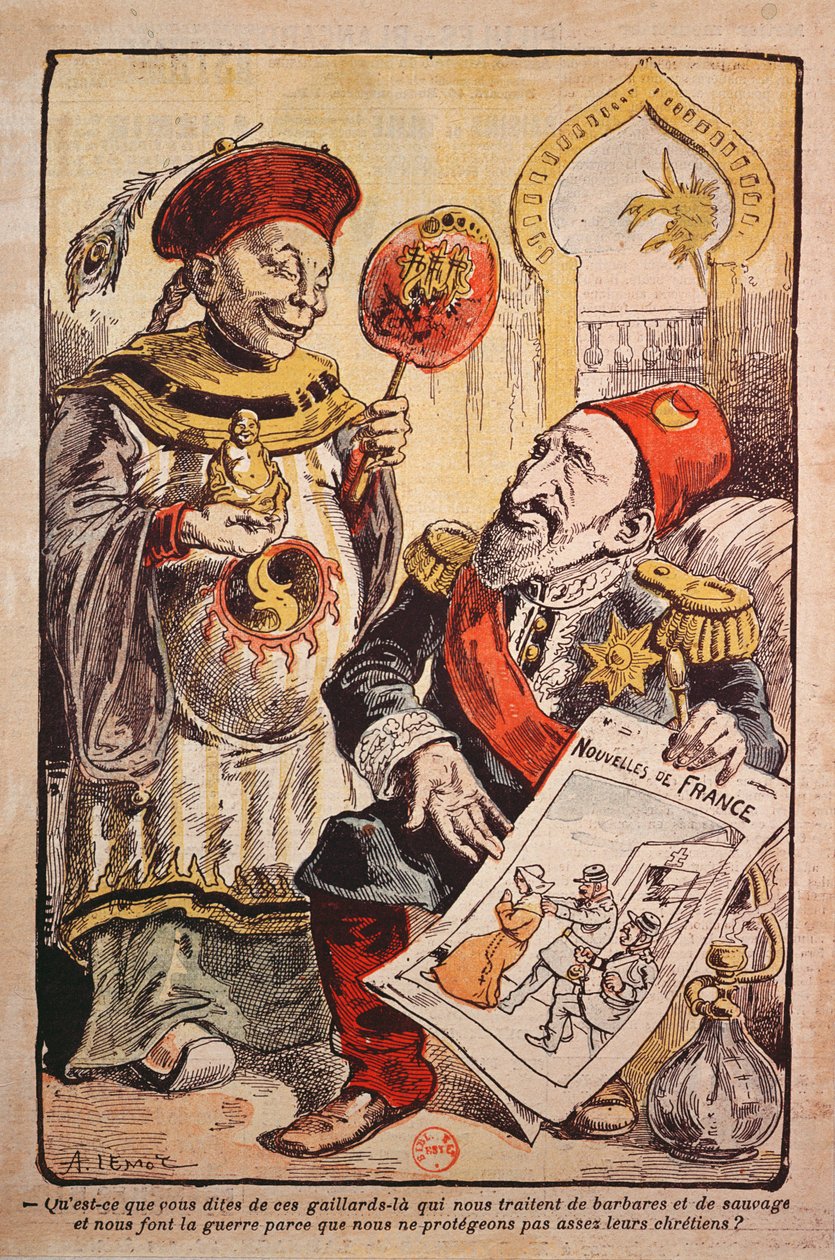 Cartoon indicting the hypocrisy and double standards of Western Europe in their criticism and behaviour towards China and the Ottoman Empire by A Lemot