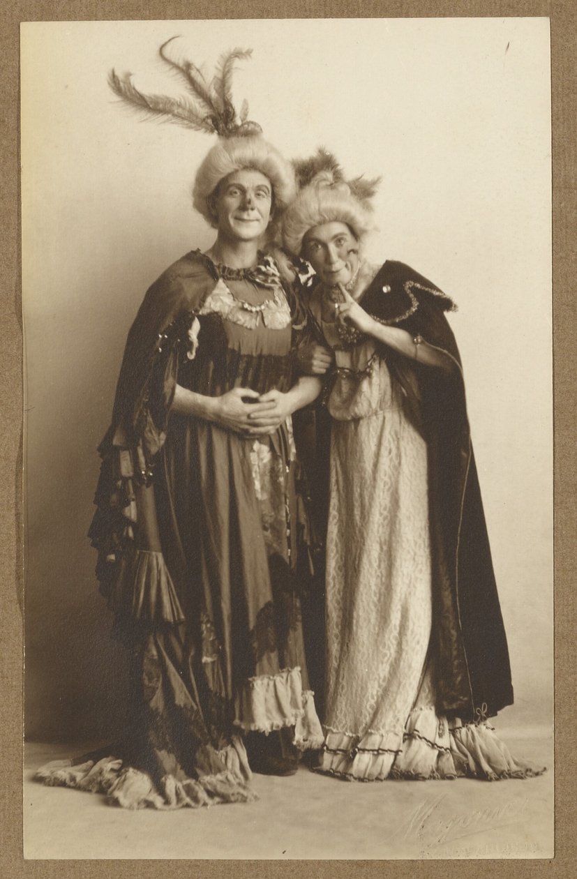 Man and Woman in Costume, Wearing Feathered Hats by A. Louis Mojonier