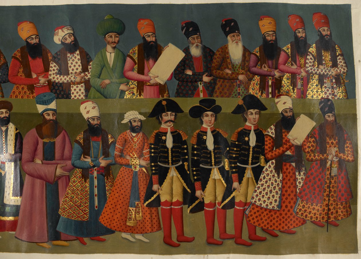 The Court of Fath Ali Shah with British Envoys Sir John Malcolm, Sir Harford Jones Brydges, and Sir Gore Ouseley (Partial image of the Nigaristan Palace Mural) by Abdallah (after) Khan