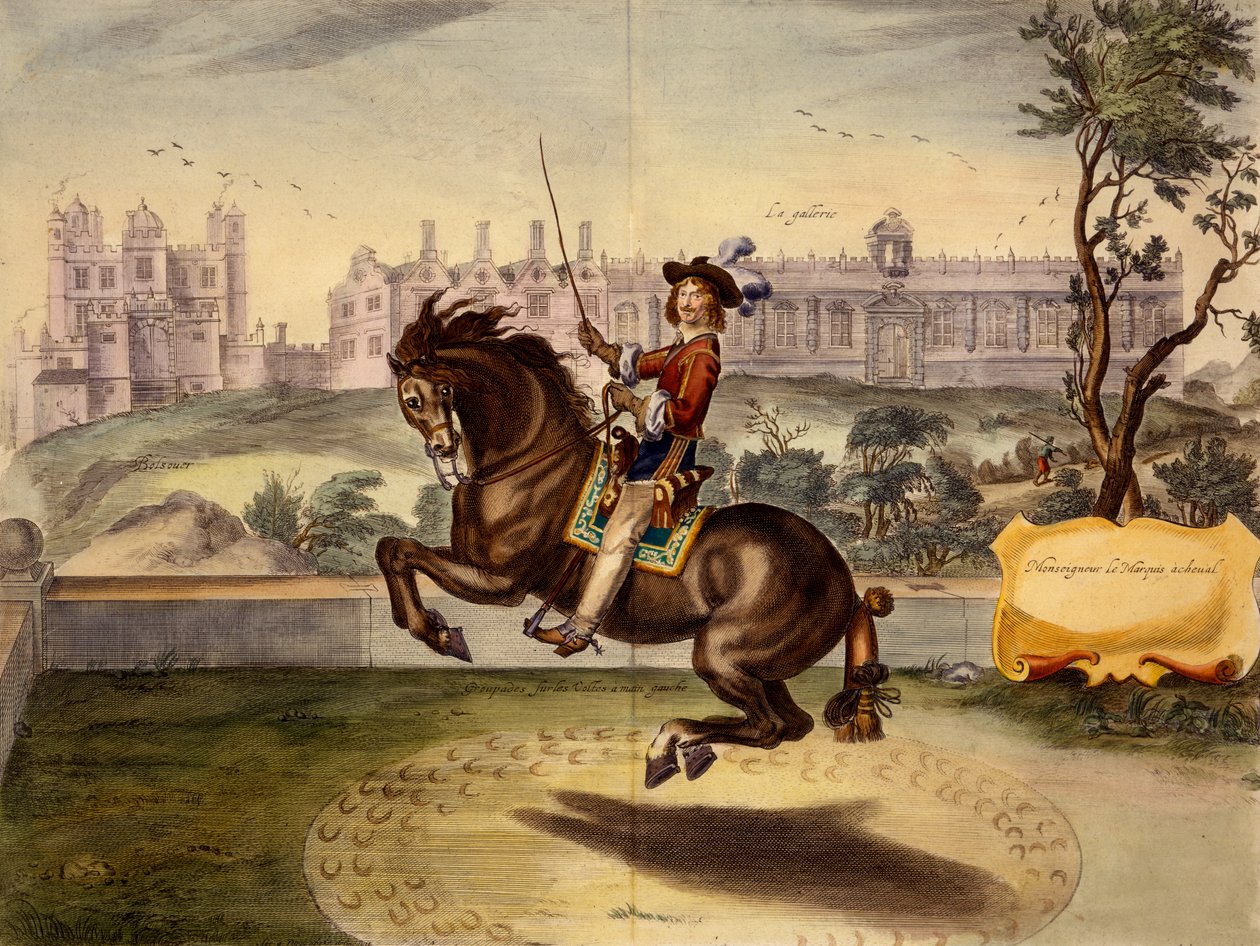 Cavendish performing volte, with Bolsover Castle and its Manege block in the background, from The Method and New Invention of Dressing Horses by William Cavendish, published 1737 (2nd edn) by Abraham van Diepenbeeck