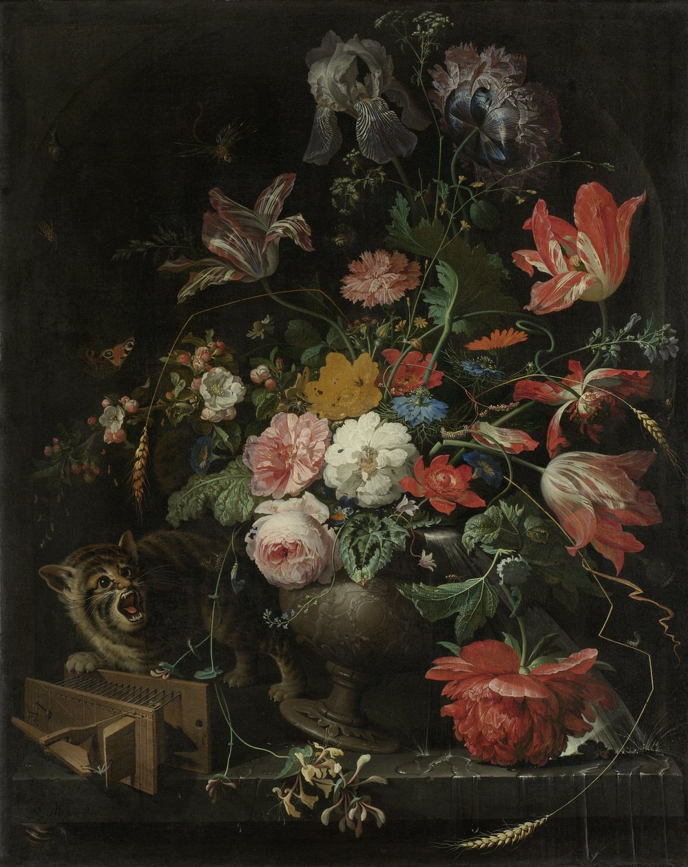 Flower Still Life with Cat and Mouse Trap by Abraham Mignon