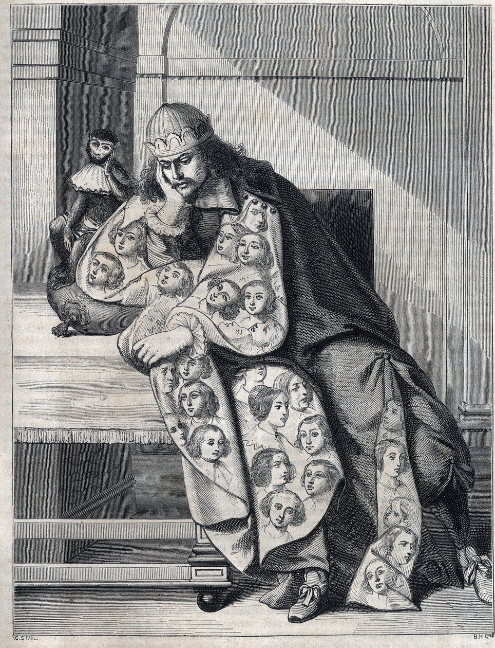 The man stuffed with malice: a man with a double coat of heads of women meditates with a monkey at his side. Reproduction of a print by Abraham Bosse by Abraham (after) Bosse