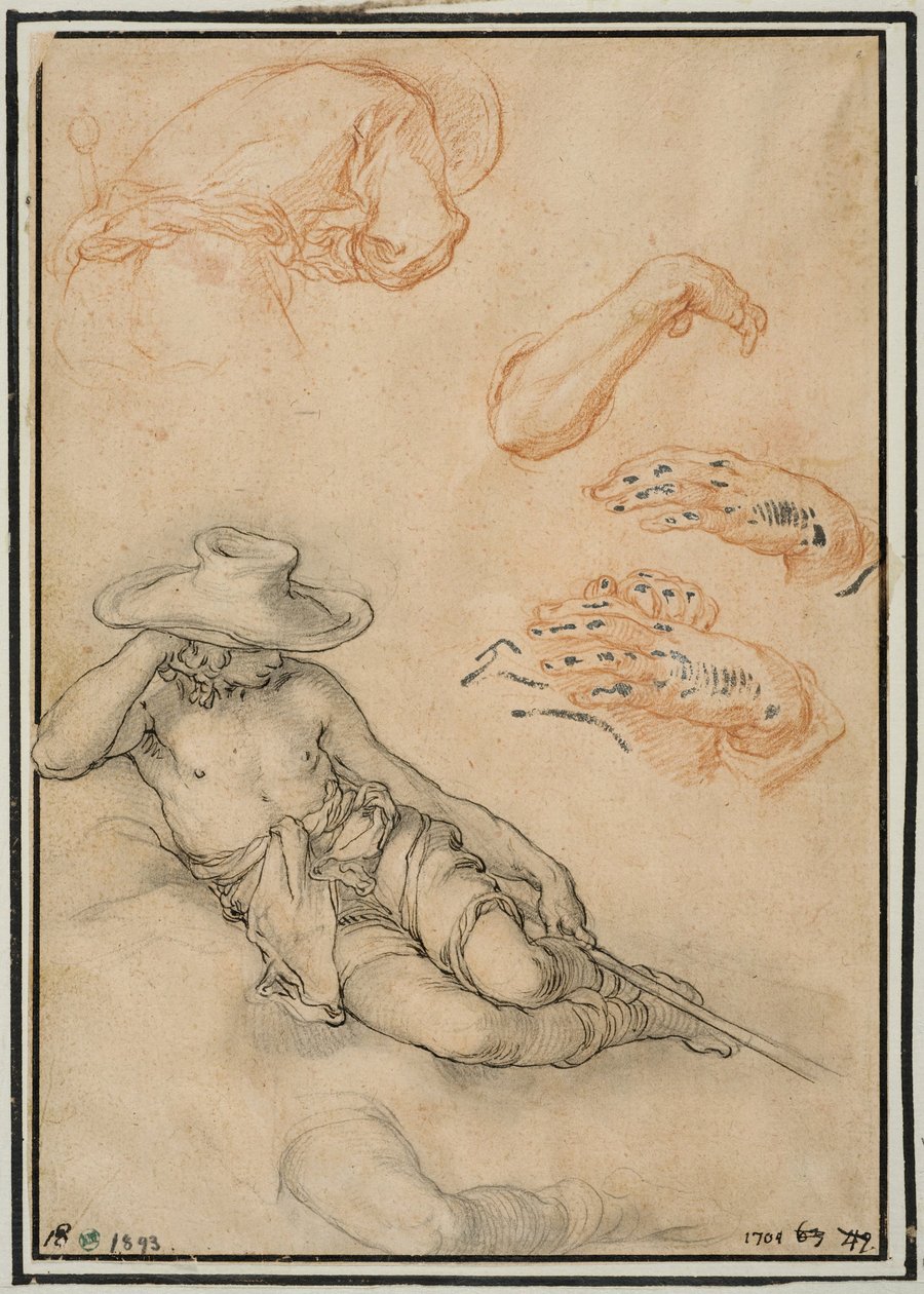 A Resting Shepherd, Separate Studies of His Leg and Arm, a Man Seen from the Back, and Two Hands by Abraham Bloemaert