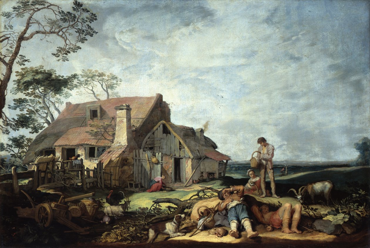 Landscape with Farmstead, Peasants and the Exodus of Tobias with the Angel by Abraham Bloemaert