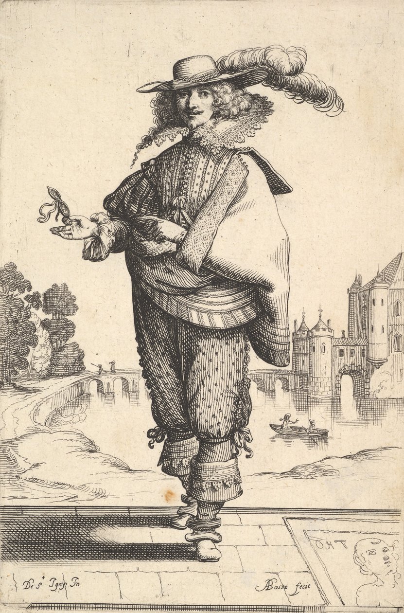 A gentleman standing in front of a large castle and wearing a plumed hat and a lace collar... by Abraham Bosse