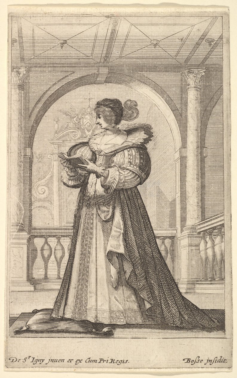 A woman standing, facing the left in profile, wearing a hat and a lace collar, ca. 1629 by Abraham Bosse