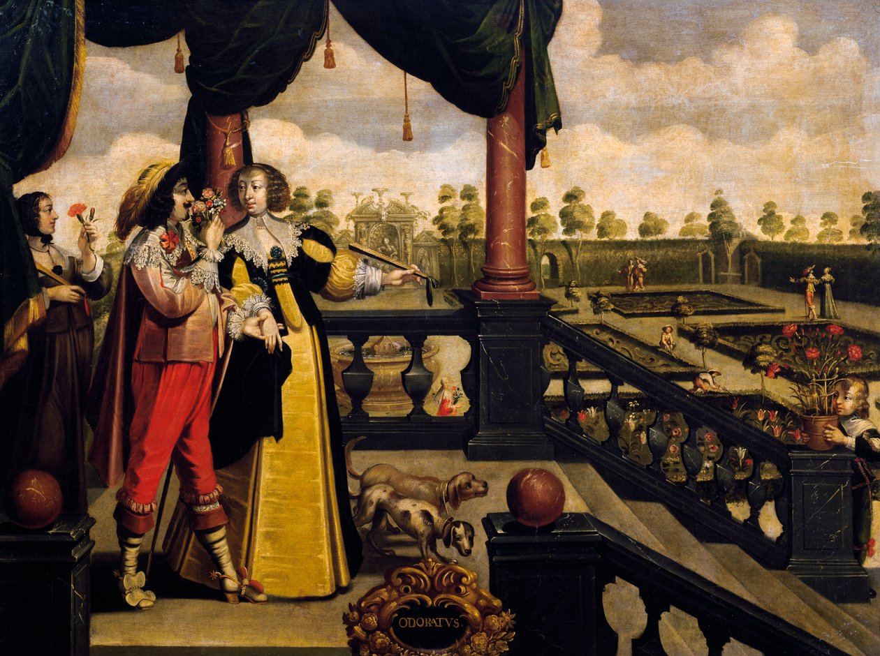 Sense of smell, ca 1635, by Abraham Bosse, after painting from series of 5 by unknown artist, France by Abraham Bosse