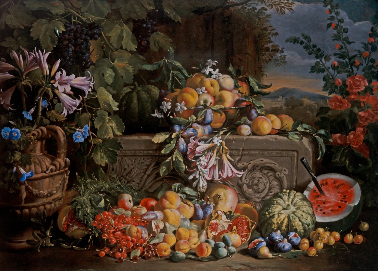 Still Life with Cherries, Watermelon, Peaches, Apricots, Plums, Pomegranates and Figures by Abraham Brueghel