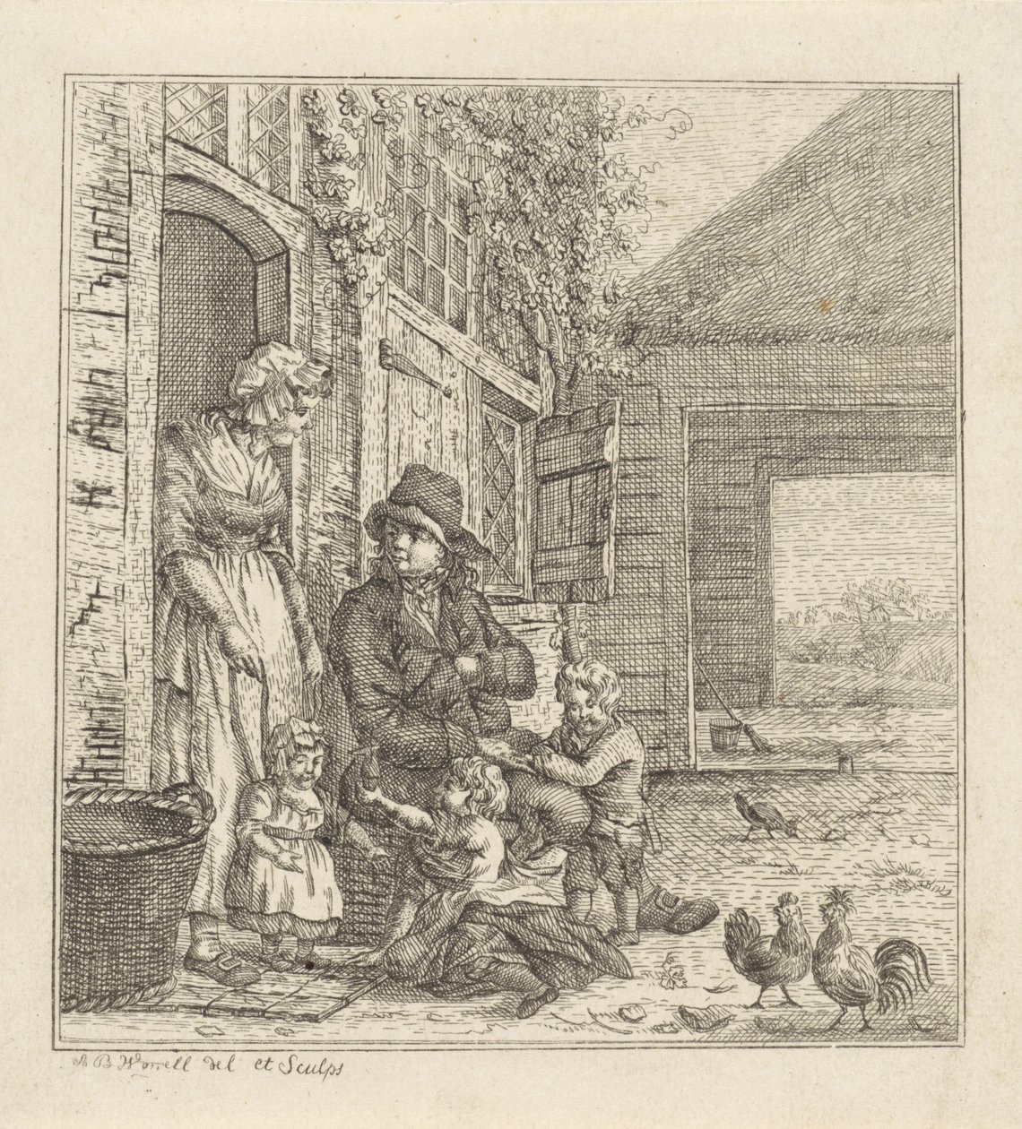 Man and Woman with Children at a Doorway by Abraham Bruinings Worrel