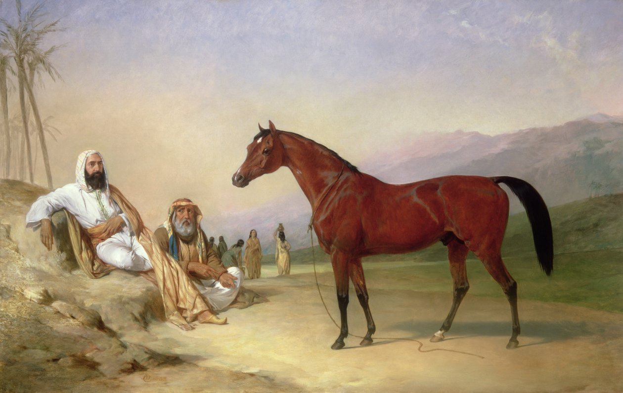 Two Bedouin with a Bay Arab Stallion in the Desert by Abraham Cooper