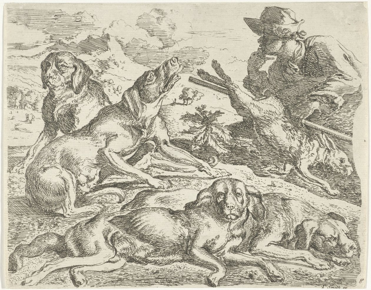 Four Dogs, a Hunter, and a Hare by Abraham Danielsz. Hondius