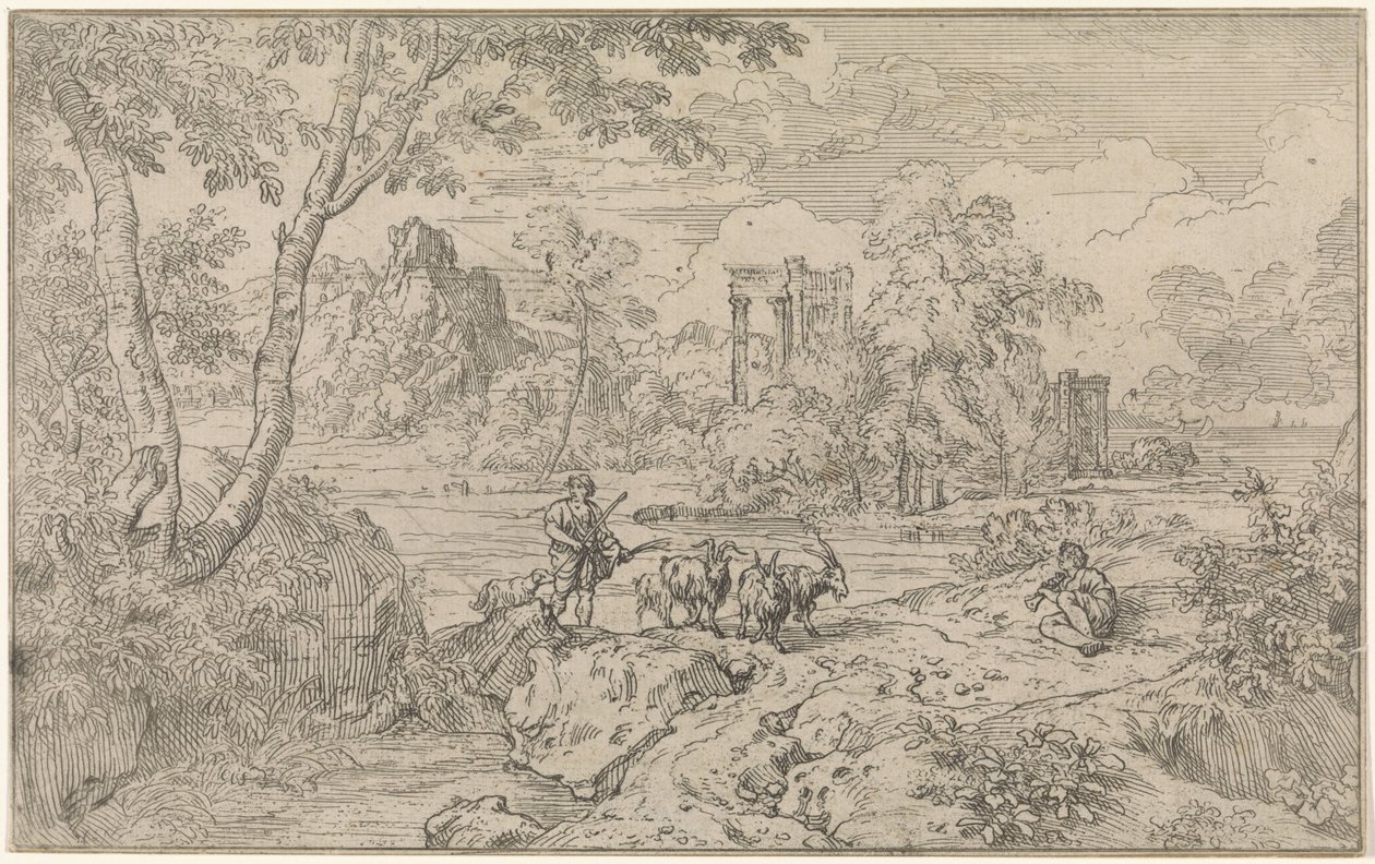 Arcadian Landscape with Goat Herder by Abraham Genoels