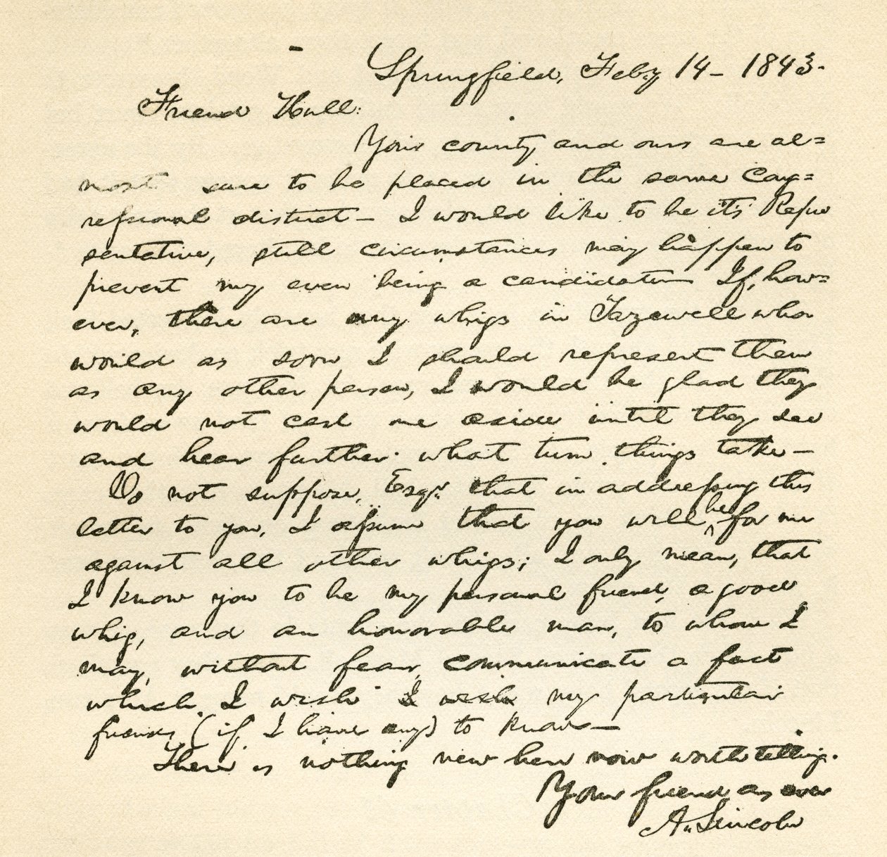 Letter from Abraham Lincoln to Alden Hall, dated February 14, 1843 by Abraham Lincoln