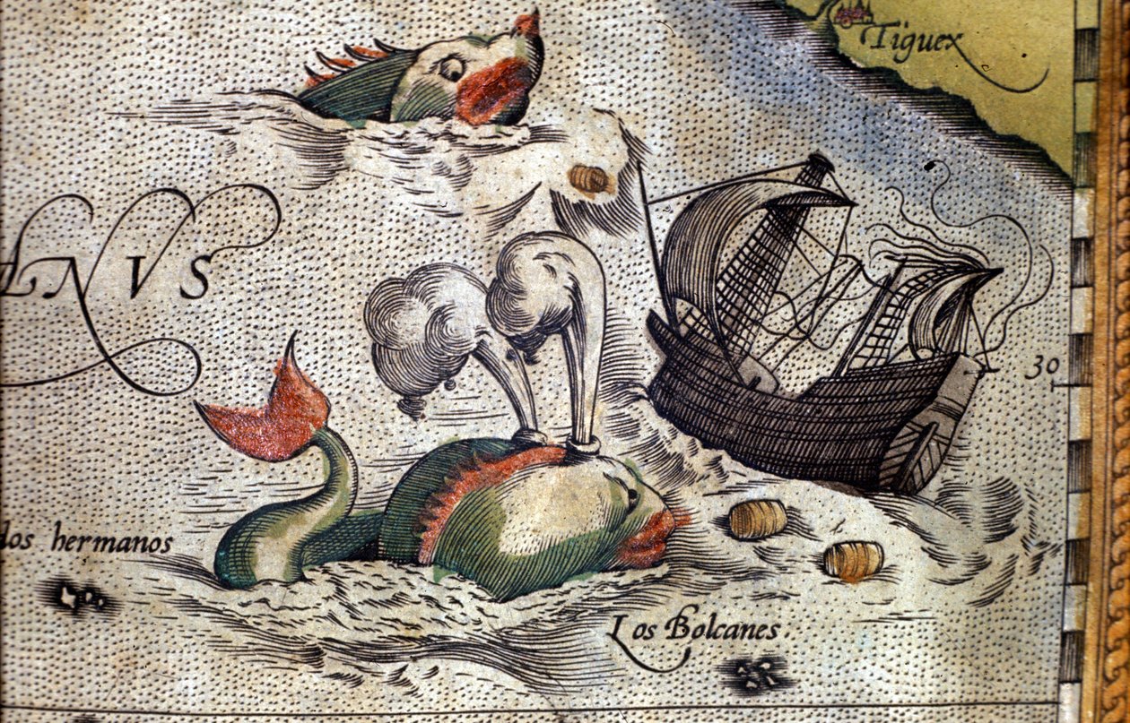 A whale attacks a ship. Plate from an edition of “Theatrum Orbis Terrarum” by cartographer Abraham Ortelius (1527-1598) by Abraham Ortelius