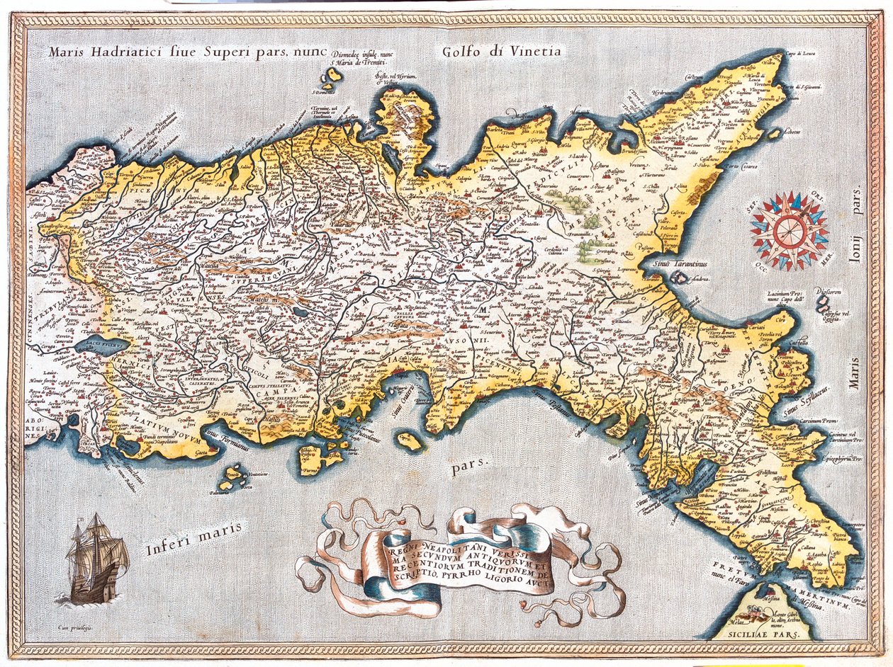 South Lazio, south Marche, Abruzzo, Molise, Campania, Apulia, Basilicata, Calabria, Italy by Abraham Ortelius