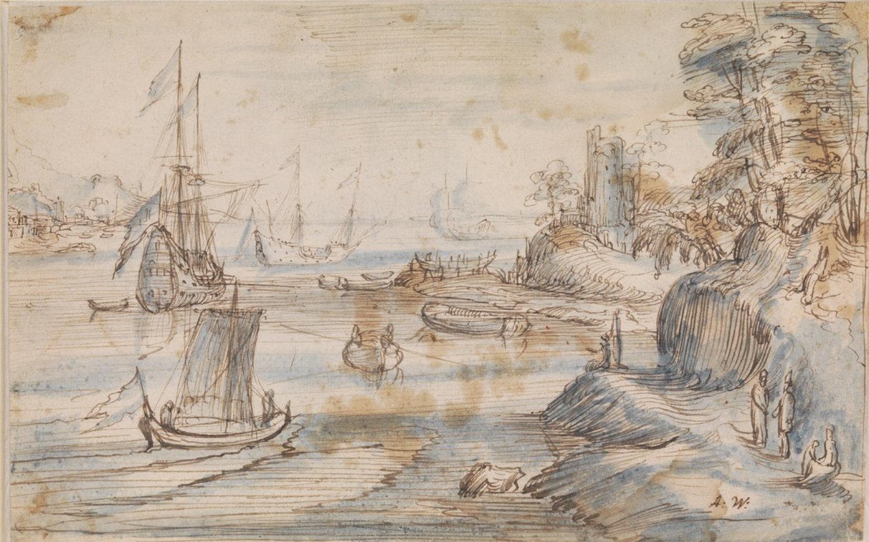 Coastal Landscape with Several Ships, a High Coast with Several Figures by Abraham Willaerts