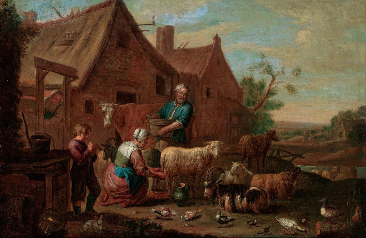 Peasant Family with Cattle, Sheep and Goats in a Farmyard by Abraham Willemsens