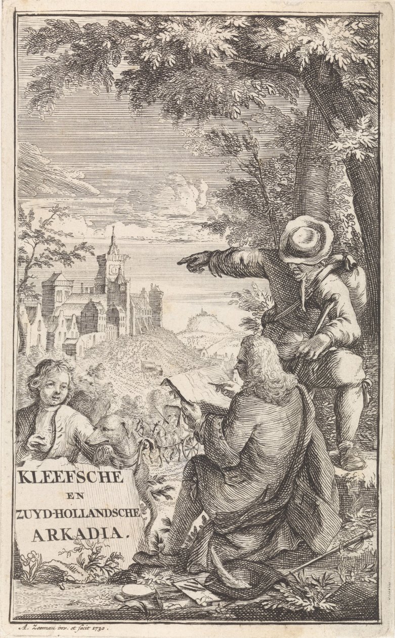 Traveler Drawing the City of Kleve (Title Page for: C. Bruin, Kleefsche en Zuid-Hollandsche Arkadia, 1730) by Abraham Zeeman